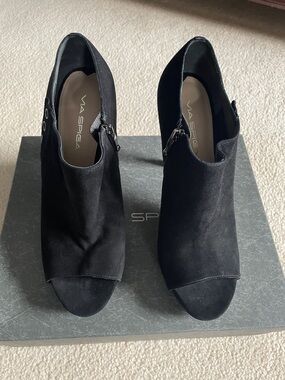 Via Spiga Black Suede Open-Toe Booties